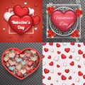 Valentine Day Heart Realistic 3d Symbol Transparent Doodle Background Greating Card Template Mock up Design Set Vector Royalty Free Stock Photo