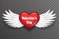 Valentine day heart white bird angel fly wings 3d realistic design transparent background vector illustration Royalty Free Stock Photo