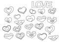 Valentine day hearts set. Coloring book page template.