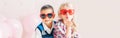 Valentine day holiday celebration. Web header banner for website. Two happy Caucasian cute funny children kids wearing heart shape
