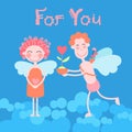 Valentine Day Holiday Couple Heart Shape, Man and Woman Angels Hold Flower Gift