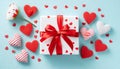 Valentine day or mother day festive composition with gift or present box, rose flowers and red pink hearts on pastel blue Royalty Free Stock Photo