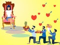 Valentine Day, offering gifts to women. In minimalist style. Flat isometric raster on yellow background