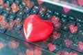 Valentine Day online Shopping. Laptop, red heart. Online communication, virtual love, loneliness web Internet. Romantic