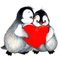 Valentine day penguin, red heart. watercolor illustration Royalty Free Stock Photo