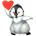 Valentine day penguin, red heart. watercolor illustration Royalty Free Stock Photo