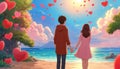 Valentine Day postcard with lovers on ocean shore. Lovers holding hands by ocean with heart symbol. Romantic scene with