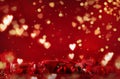 Valentine Day Red Background with red hearts, gifts and ribbons. Copy space