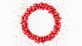 Valentine day red hearts circle with confetti on white backdrop. 3d render illustration.