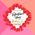 Valentine Day sale banner or poster design template. Vector golden glitter text and heart pattern on pink background for Valentine Royalty Free Stock Photo