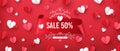 Valentine day sale, love discount web horizontal banner, paper red and white hearts. Advertising with text letter and