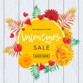 Valentine Day sale poster design template. Vector hearts, yellow flowers and palm leaf or berry pattern on pink background for Val Royalty Free Stock Photo