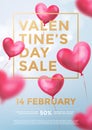 Valentine day sale web banner of red heart balloons in light shine on blue background. Vector Valentines day sale golden text for Royalty Free Stock Photo