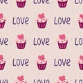 Valentine day seamless pattern with cake, hearts and word love