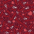 Valentine` Day seamless pattern with romantic words, heart shapes, man and woman symbols of red and white shades