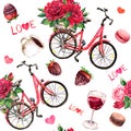 Valentine day seamless pattern. Vintage bicycle with red roses bouquets, hearts, chocolate candies, strawberries, wine Royalty Free Stock Photo