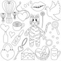 Valentine day. Sketch. Set of vector illustrations. Doodle style. Love collection. Coloring book for children. Heart, magnifying