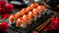 Valentine day sushi. Classic sushi rolls, Philadelphia, dating dinner, rose flowers on dark background