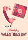 Valentine Day. Telephone handset. Love songs compact disc. Greeting card. Holiday celebration elements. Pink amour