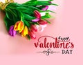 Valentine day  tulip spring flowers  colorful  festive bouquet floral banner on pink ,,lettering happy wishes quotes text , and wo Royalty Free Stock Photo