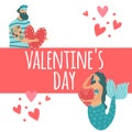 Valentine day typography postcard, man in love with mermaid, people vector illustration