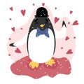 Valentine day vector illustration Penguin in black hat waving paw on pink background with hearts around it.