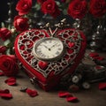 Valentine day, with vintage alarm clock and red roses Royalty Free Stock Photo