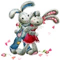 Valentine Day.Watercolor bunny rabbit and rose flower illustration.