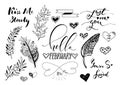 Valentine Day, wedding hand drawn lettering, outline romantic doodles