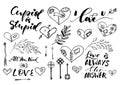 Valentine Day, wedding hand drawn lettering, outline romantic doodles