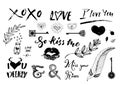 Valentine Day, wedding hand drawn lettering, outline romantic doodles