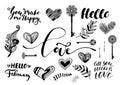 Valentine Day, wedding hand drawn lettering, outline romantic doodles