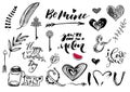 Valentine Day, wedding hand drawn lettering, outline romantic doodles