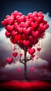 valentine day, whimsical tree with branches forming a canopy of glossy, oversized red heart-shaped balloons against a Royalty Free Stock Photo