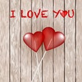 Valentine day wood background with hearts, top view