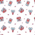 Valentine day wrapping paper. Seamless pattern with envelope, heart, bulb, calendar. Vector