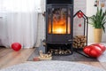 Valentine decor near fireplace stove with fire and firewood. Cozy home hearth in interior with potted plans, valentines day in