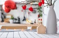 Valentine decor on table of white kitchen in cozy home. Copy space. Gift for valentines day, family love nest. A vase with a