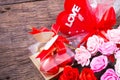 Valentine decoration, chocolate box, roses, heart and love word Royalty Free Stock Photo