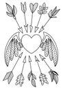 Valentine doodle coloring book page heart with arrows. Antistress for adult and children