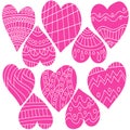 Set of pink prints of hearts with curls and stripes, valentines for the holiday illustration