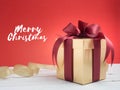 Valentine festival , New year Gold gift box with red ribbon. Red Royalty Free Stock Photo