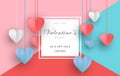 Valentine`s Day Special Offer Sale Illustration, with white border frame, and hanging origami hearts Royalty Free Stock Photo