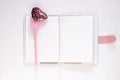 Valentine flatlay. Blank diary, pink heartshaped pen feathers on white background. Notebook mockup, cute girlish style