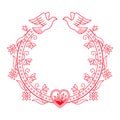 Valentine floral round frame with a heart, doves or pigeons in red color.