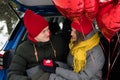 Valentine Gift. Happy Young Couple with Valentine's Day or birthday present. Happy Man giving a gift to his Girlfriend Royalty Free Stock Photo