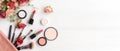 Valentine Gift. Makeup cosmetics tools background and beauty cosmetics, products Royalty Free Stock Photo