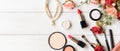 Valentine Gift. Makeup cosmetics tools background and beauty cosmetics, products and facial cosmetics package Royalty Free Stock Photo