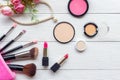 Valentine Gift. Makeup cosmetics tools background and beauty cosmetics, products and facial cosmetics package lipstick, Royalty Free Stock Photo