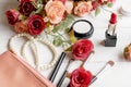 Valentine Gift. Makeup cosmetics tools background and beauty cosmetics, products Royalty Free Stock Photo